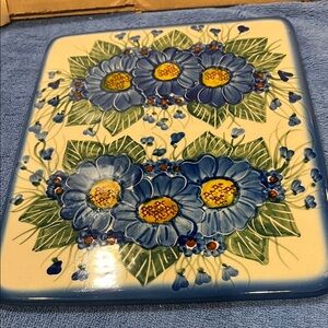 Polish Pottery Floral Cutting Board or Trivet with Blue and Green Design